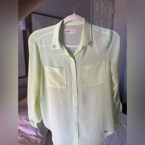 Embellished Light Green Button-Up Blouse